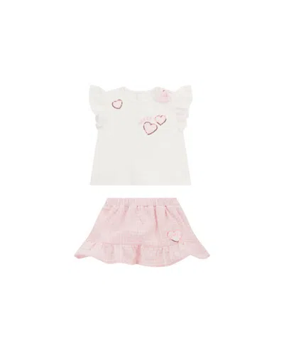 Guess Baby Girl Short Sleeve T-shirt And Skirt In White