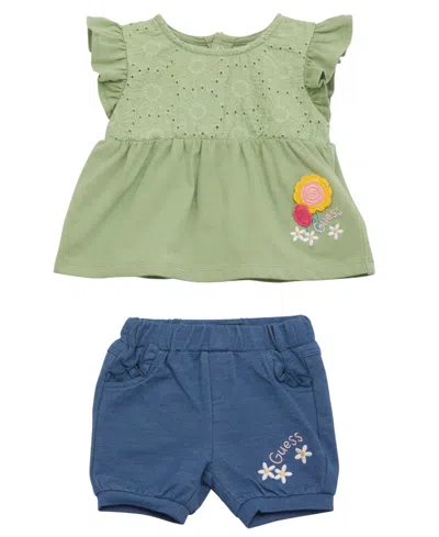 Guess Baby Girl Short Sleeve Top And Denim Short In Green