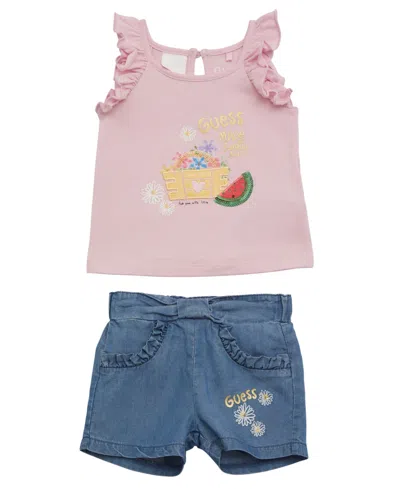Guess Baby Girl T-shirt And Short Set In Pink