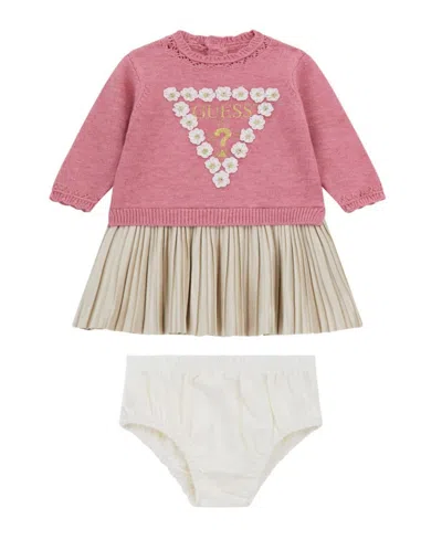 Guess Baby Girls 2-piece Long Sleeve Mixed Fabric Dress And Coordinating Bloomer Set In Pink