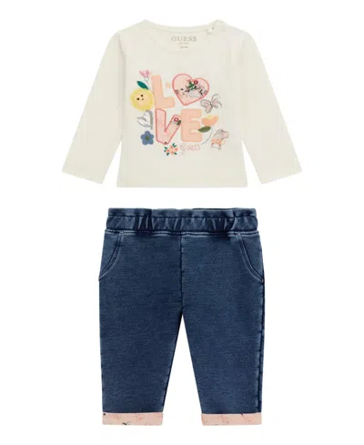 Guess Baby Girls 2-piece Long Sleeve T-shirt And Knit Denim Pants Set In Multi