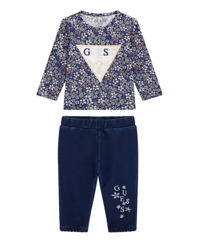 Guess Baby Girls 2-piece Long Sleeve T-shirt And Knit Denim Pants Set In Multi