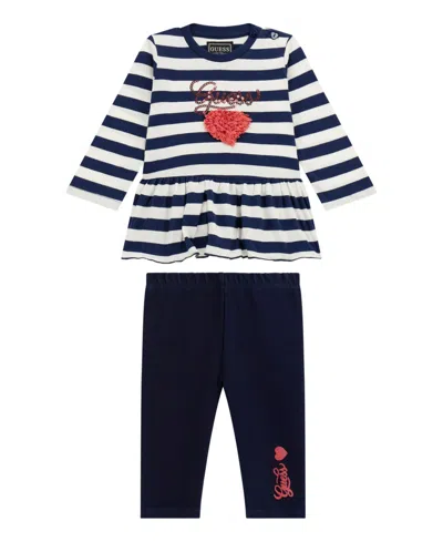 Guess Baby Girls 2-piece Long Sleeve Yarn Dye Stripe T-shirt And Knit Denim Pants Set In Black