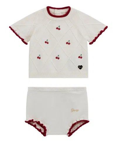 Guess Baby Girls 2-piece Sweater Top With Frill Edge And Matching Sweater Short Set In Cream