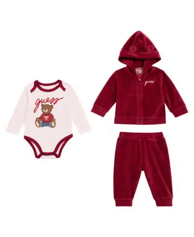 Guess Baby Girls 3-piece Hooded Sweatshirt, Long Sleeve Bodysuit And Matching Pant Set In Multi