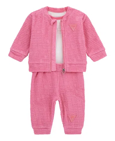 Guess Baby Girls 3-piece Long Sleeve Bodysuit, Jacquard Zip-up Sweatshirt, And Pants Set In Pink