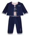 Guess Baby Girls 3-piece Reversible Jacket, Short Sleeve Bodysuit And Reversible Pants Set In Blue