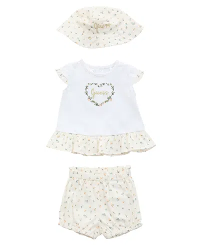 Guess Baby Girls 3-piece Short Sleeve T-shirt, Shorts, And Bucket Hat Set In Multi