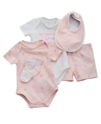 Guess Baby Girls 5-piece Bodysuits, Shorts, Bib, And Socks Set
