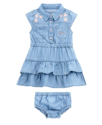 Guess Baby Girls Cap Sleeve Denim Dress With Ruffle Tier Skirt In Blue