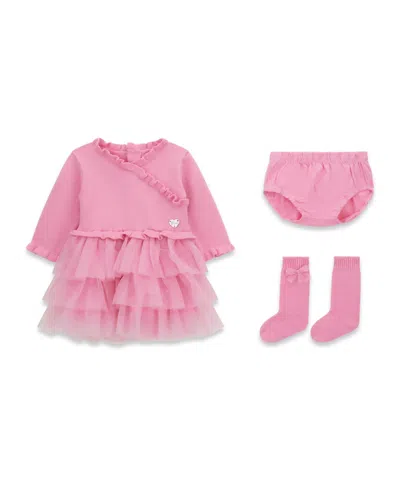 Guess Baby Girls Dress, Diaper Cover And Socks, 3-piece Set In Pink