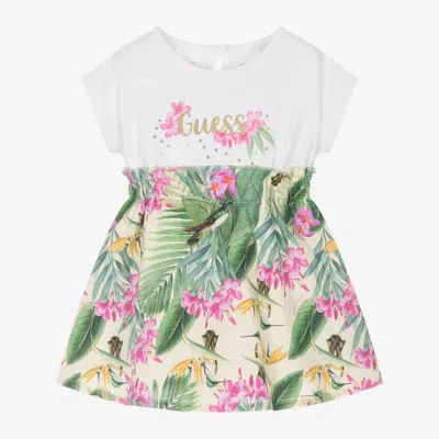 Guess Baby Girls Green Cotton Tropical Print Dress In White