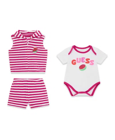 Guess Baby Girls' Hooded Vest, Short-sleeve Bodysuit, And Short, 3-piece Set In Multi
