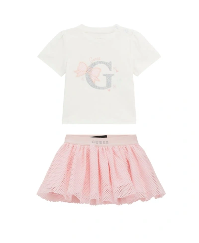 Guess Baby Girls Logo T Shirt And Mesh Skirt, 2 Piece Set In White
