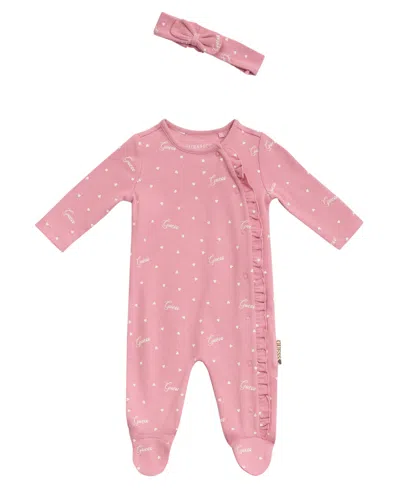 Guess Baby Girls Long Sleeve Printed Footie Coverall And Headband Set In Pink