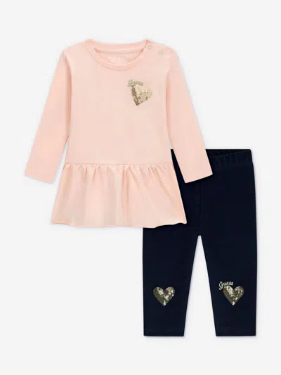 Guess Baby Girls Ls T-shirt And Denim Pants Set In Pink