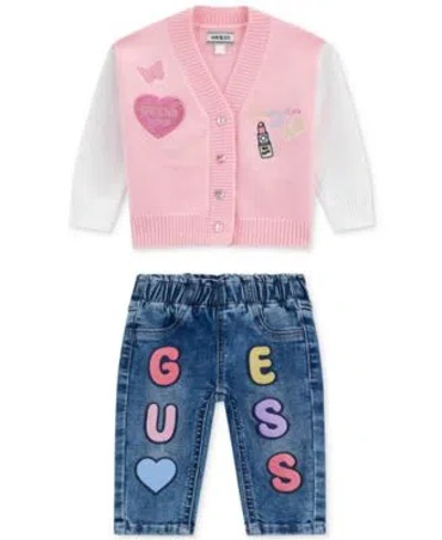Guess Baby Girls Patch Applique Cardigan Applique Patches Stretch Denim Jeans In Blue