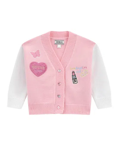 Guess Baby Girls Patch Applique Long Sleeve Cardigan Sweater In Pink