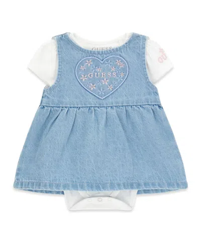 Guess Baby Girls Short-sleeve Bodysuit And Denim Romper, 2-piece Set In Blue