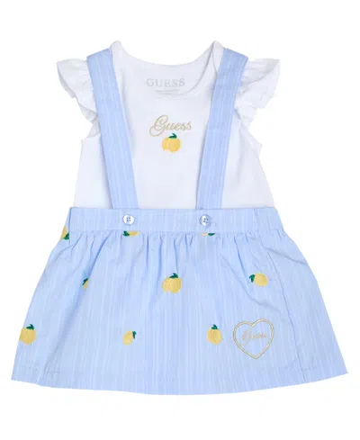 Guess Baby Girls' Short Sleeve Bodysuit And Poplin Yarn Dye Stripe Skirtall, 2-piece Set In Blue
