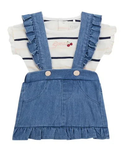 Guess Baby Girls Short Sleeve Bodysuit And Stretch Denim Skirtall Set In Blue
