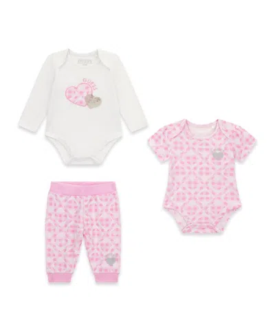 Guess Baby Girls Short-sleeve Bodysuit, Long-sleeve Bodysuit And Sweatpants, 3-piece Set In Multi