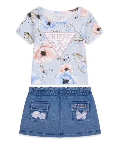 Guess Baby Girls Short-sleeve T-shirt And Knit Denim Skirt, 2-piece Set In Blue
