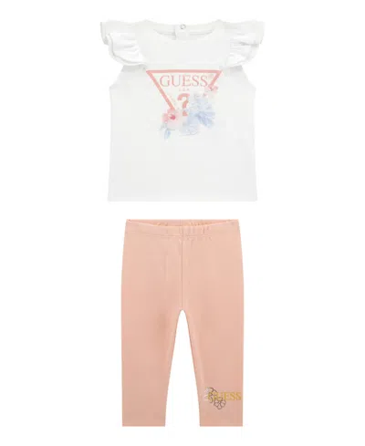 Guess Baby Girls Short Sleeve T-shirt And Legging, 2-piece Set In White