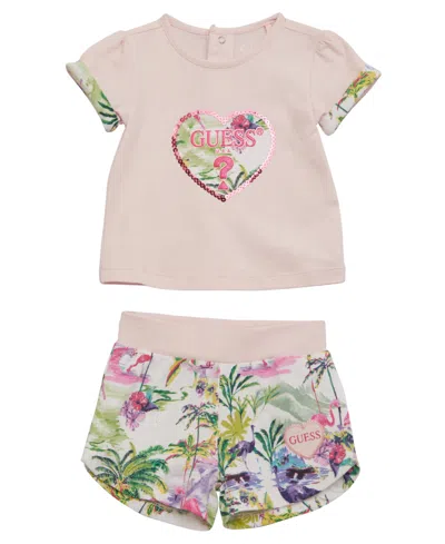 Guess Baby Girls Short Sleeve T Shirt And Short Set In Ballet Pink