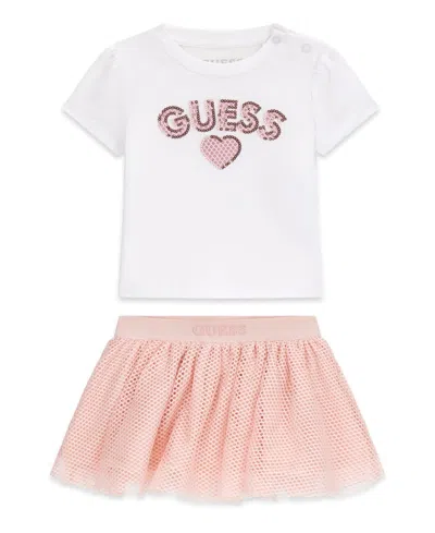 Guess Baby Girls Short-sleeve T-shirt And Skirt, 2-piece Set In Pink