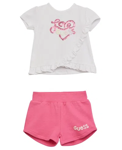 Guess Baby Girls Short Sleeve Top And Short Set In Pure White