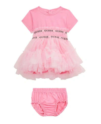 Guess Baby Girls Short Sleeve With Logo Taping Jersey Mesh Dress In Pink