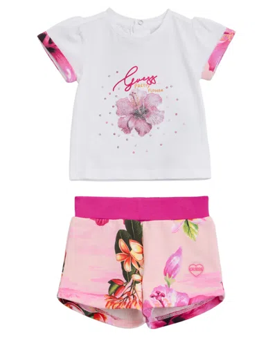 Guess Baby Girls' Short-sleeve T-shirt And Shorts, 2-piece Set In Pink