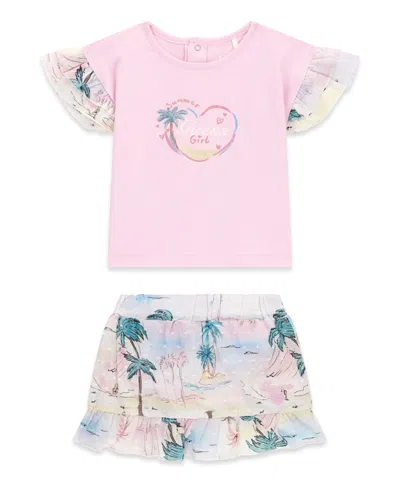 Guess Baby Girls' Short-sleeve T-shirt And Skirt, 2-piece Set In Pink