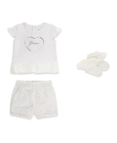Guess Baby Girls' Short-sleeve T-shirt, Short & Sock, 3-piece Set In White