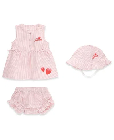 Guess Baby Girls' Sleeveless Dress, Matching Bloomer, And Hat Set In Pink