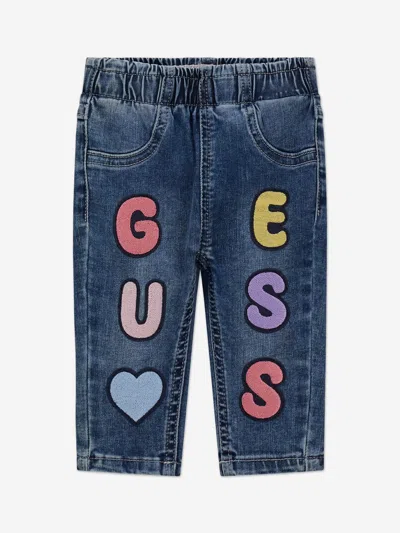 Guess Kids' Baby Girls Stretch Denim Logo Pants In Blue