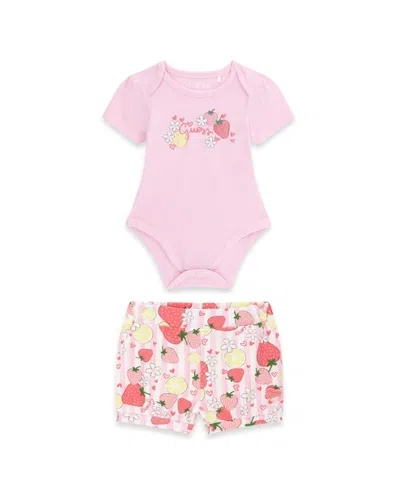Guess Baby Girls' Stretch Jersey Short-sleeve Bodysuit And Shorts, 2-piece Set In Pink