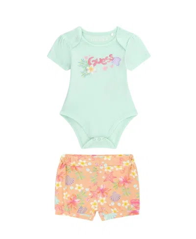 Guess Baby Girls' Tropical Print Stretch Jersey Short-sleeve Bodysuit And Shorts, 2-piece Set In Blue