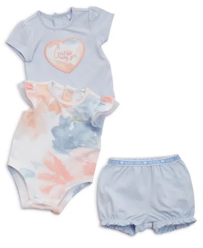 Guess Baby Girls Two Short Sleeve Bodysuits And Corresponding Shorts, 3-piece Set In Blue