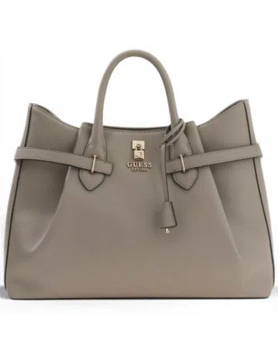 Guess Bag Yesba Saffiano Girlfriend Satchel Woman Dark Taupe In Synthetic Material With Front Logo In Beige