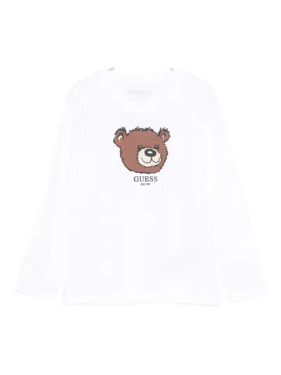 Guess Kids' Bear Long-sleeve T-shirt In White