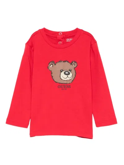 Guess Babies' Bear-print Long-sleeve T-shirt In Red