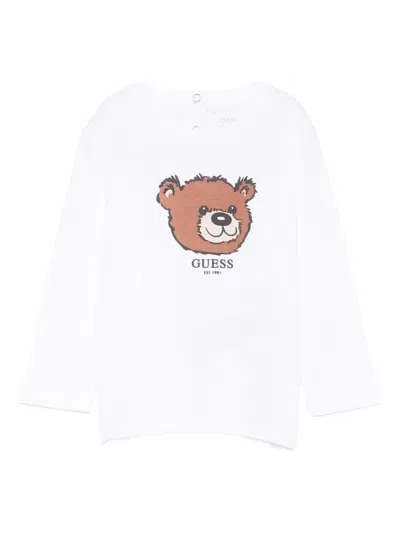 Guess Babies' Bear-print Long-sleeve T-shirt In White