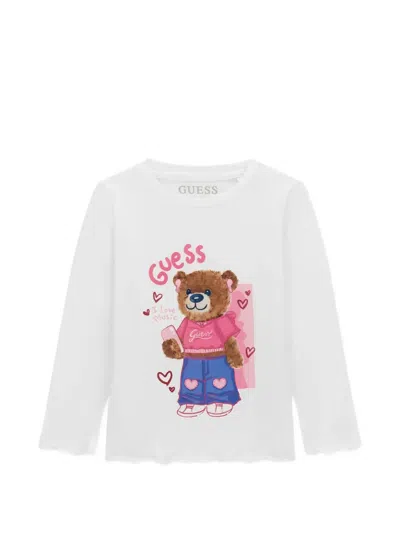 Guess Kids' Bear-print Lettuce-trim T-shirt In White