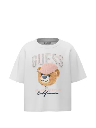 Guess Kids' Bear-print Rhinestone-embellished T-shirt In White