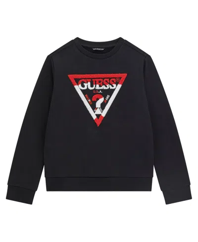 Guess Kids' Big Boy Crewneck With Flocked Triangle Logo Sweatshirt In Black