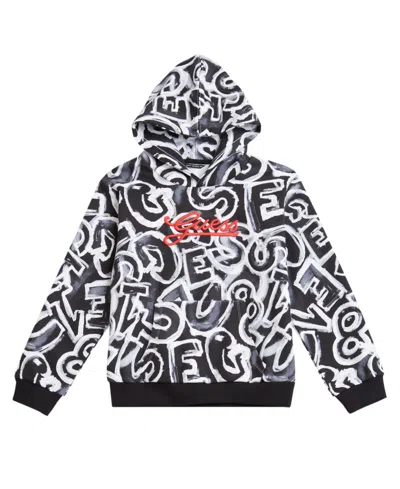 Guess Kids' Big Boy Hooded Long Sleeve With All Over Print Sweatshirt In Black