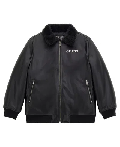 Guess Kids' Big Boy Polyurethane Padded Long Sleeve With Sherpa Fur Collar Jacket In Black