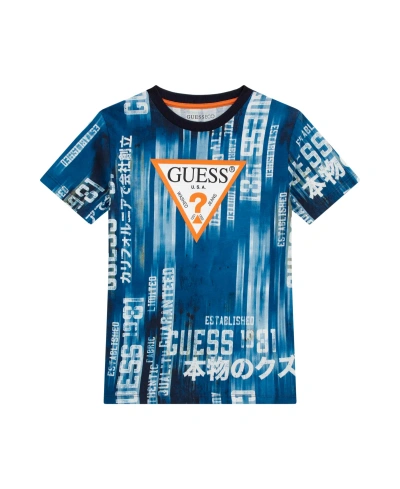 Guess Kids' Big Boys Cotton Short Sleeve All Over Print With Screen Print Logo T-shirt In Blue